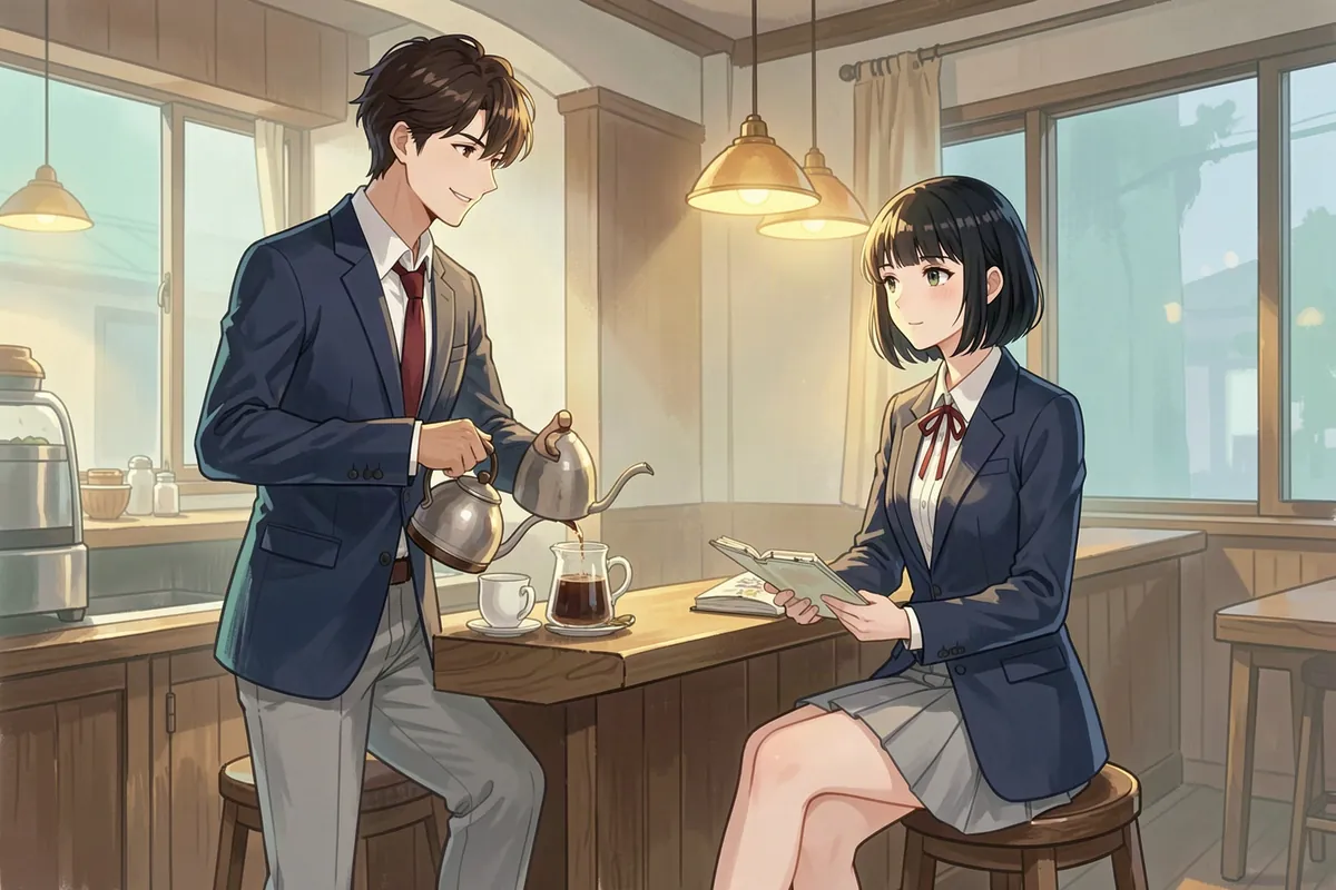 Yuto pours coffee behind the counter of a small coffee shop while Chiaki sits with her sketchbook