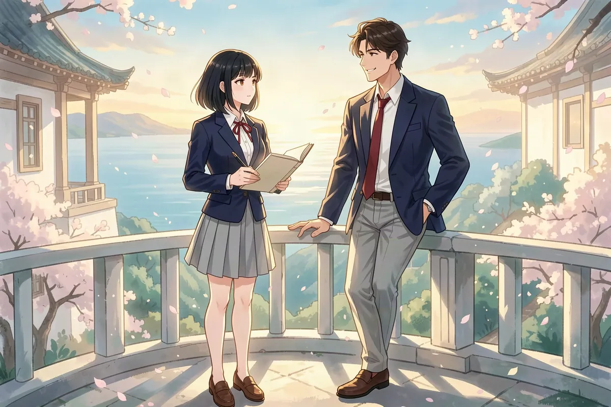 Chiaki sketches on a hilltop academy walkway as Yuto leans on the railing at dusk