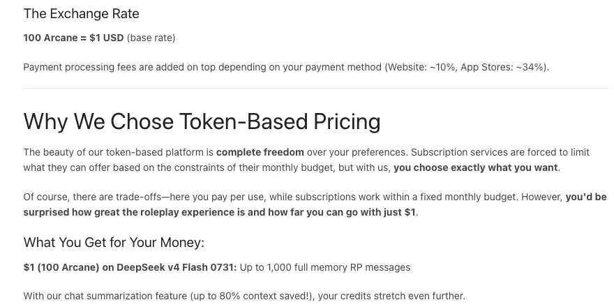 Isekai Zero's transparent pricing page showing 100 Arcane for $1 and up to 1,000 messages per $1 on DeepSeek v4 Flash