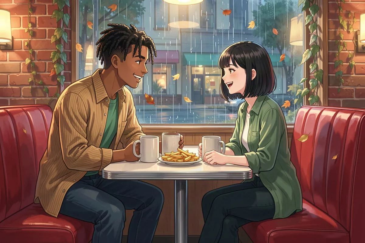 Miles and June share fries and coffee in a red diner booth on a rainy night in Hartwell