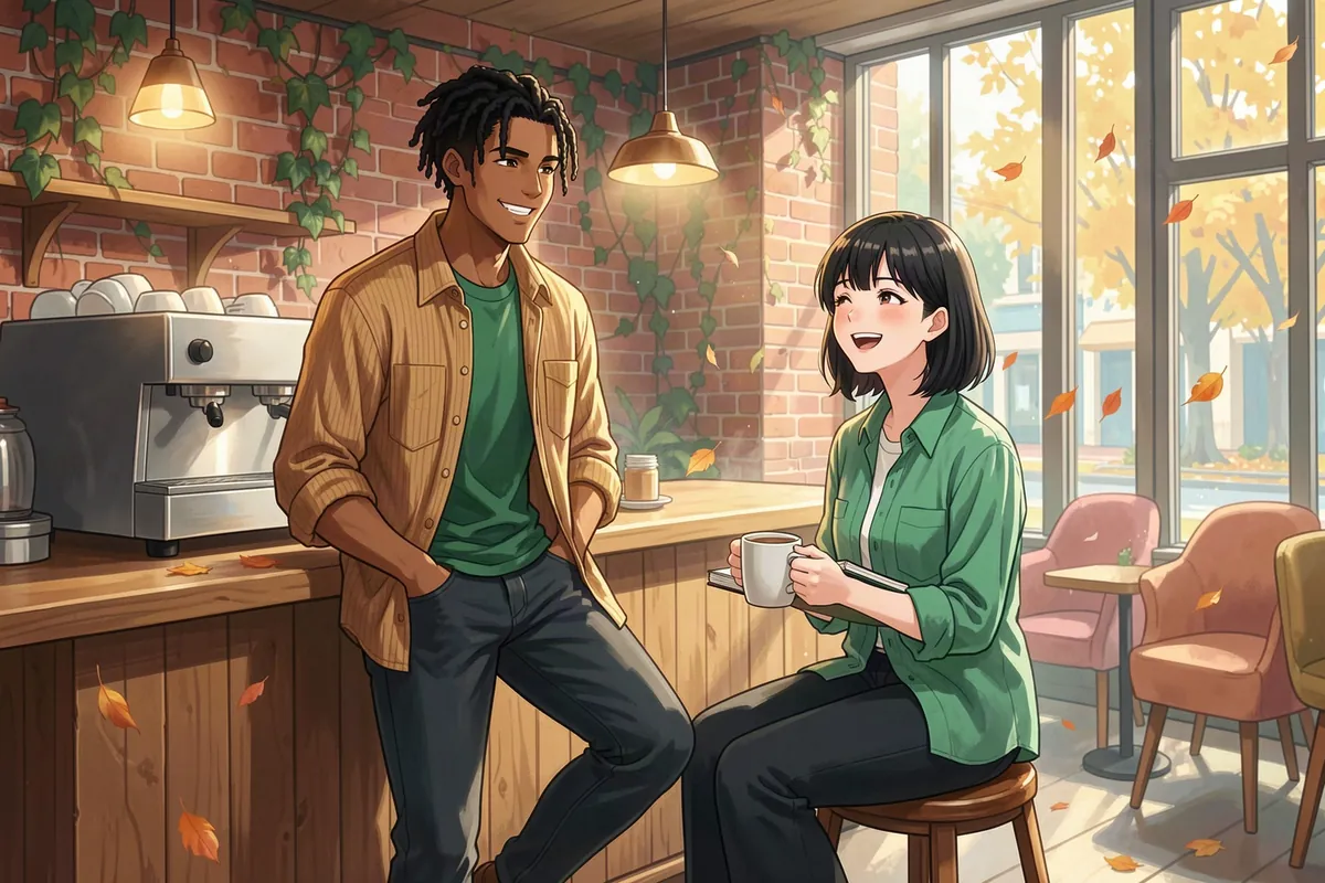 Miles leans on the counter of the Percolator coffee house telling June a story while she laughs over her mug