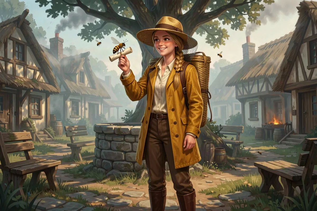 Mags Fennick, a bee-post courier in a straw hat and mustard coat, holds up a tiny scroll with a honeybee on it on the Emberhollow village green