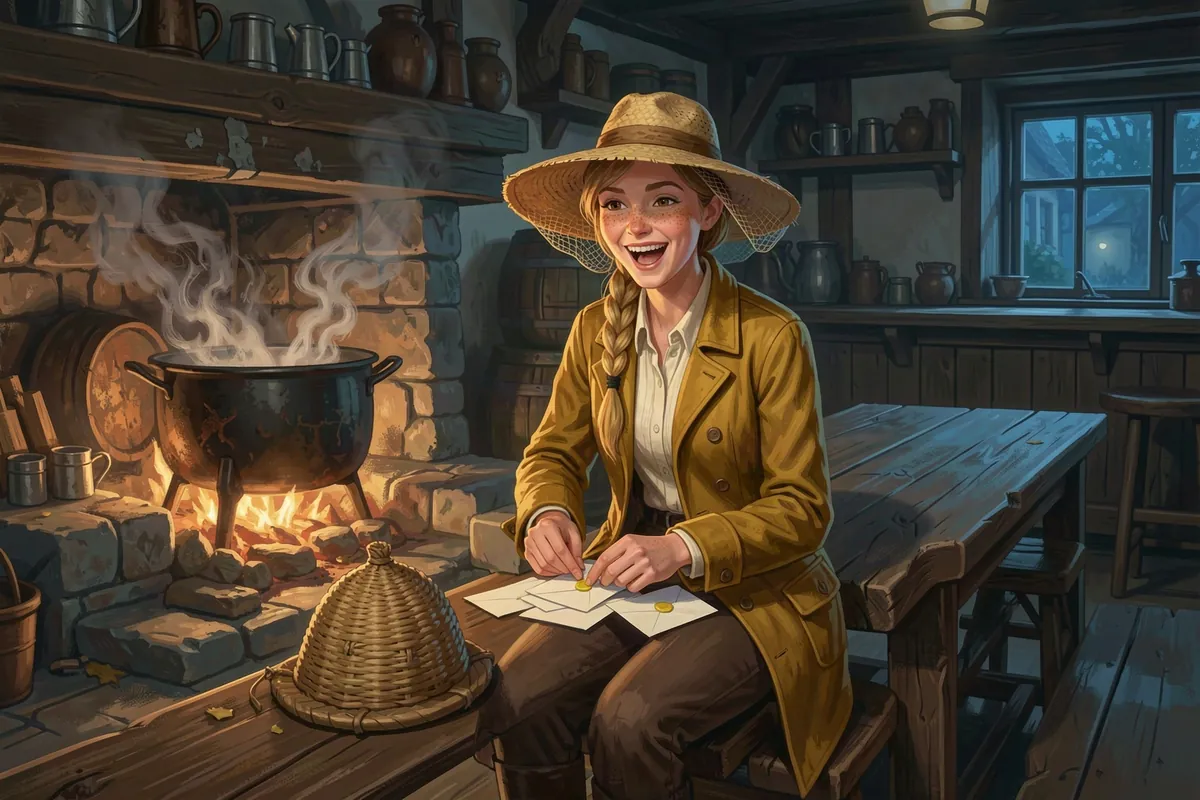 Mags Fennick laughs by the inn hearth at night in Emberhollow, sorting sealed letters, her straw bee skep on the bench beside her
