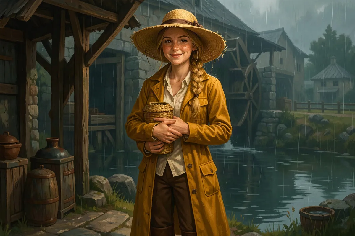 Mags Fennick shelters by the Emberhollow mill pond in the rain, holding her straw bee skep against her chest