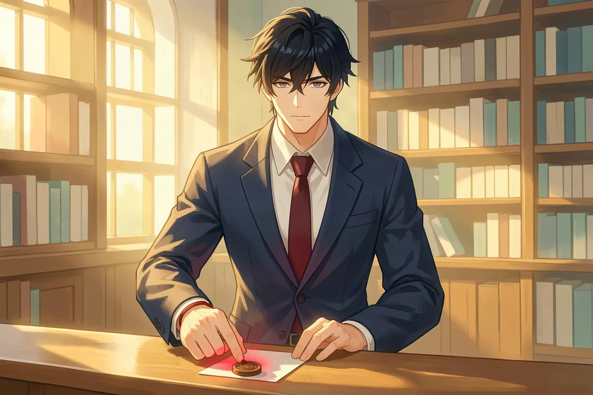 The seal keeper, a student in a navy blazer, presses a carved wooden seal onto a blank card behind the Hoshimori library counter as a red glow rises