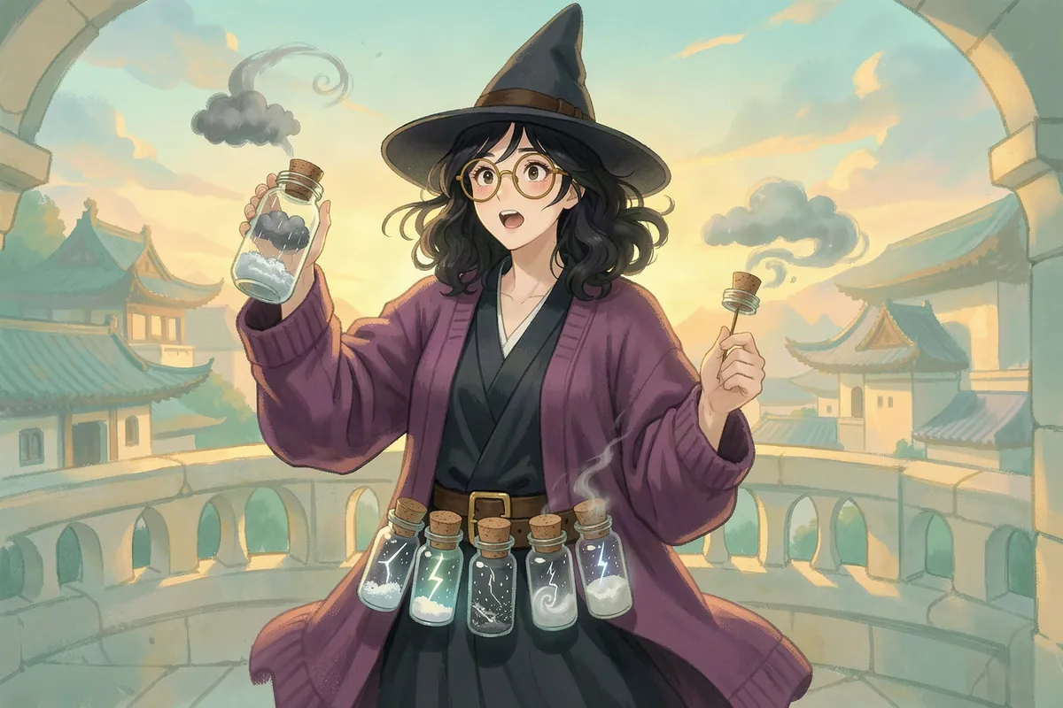 The storm-jar witch, in a black pointed hat, round spectacles and a plum cardigan, lets a small raincloud out of a jar on a Solenne academy balcony, a belt of weather jars at her waist