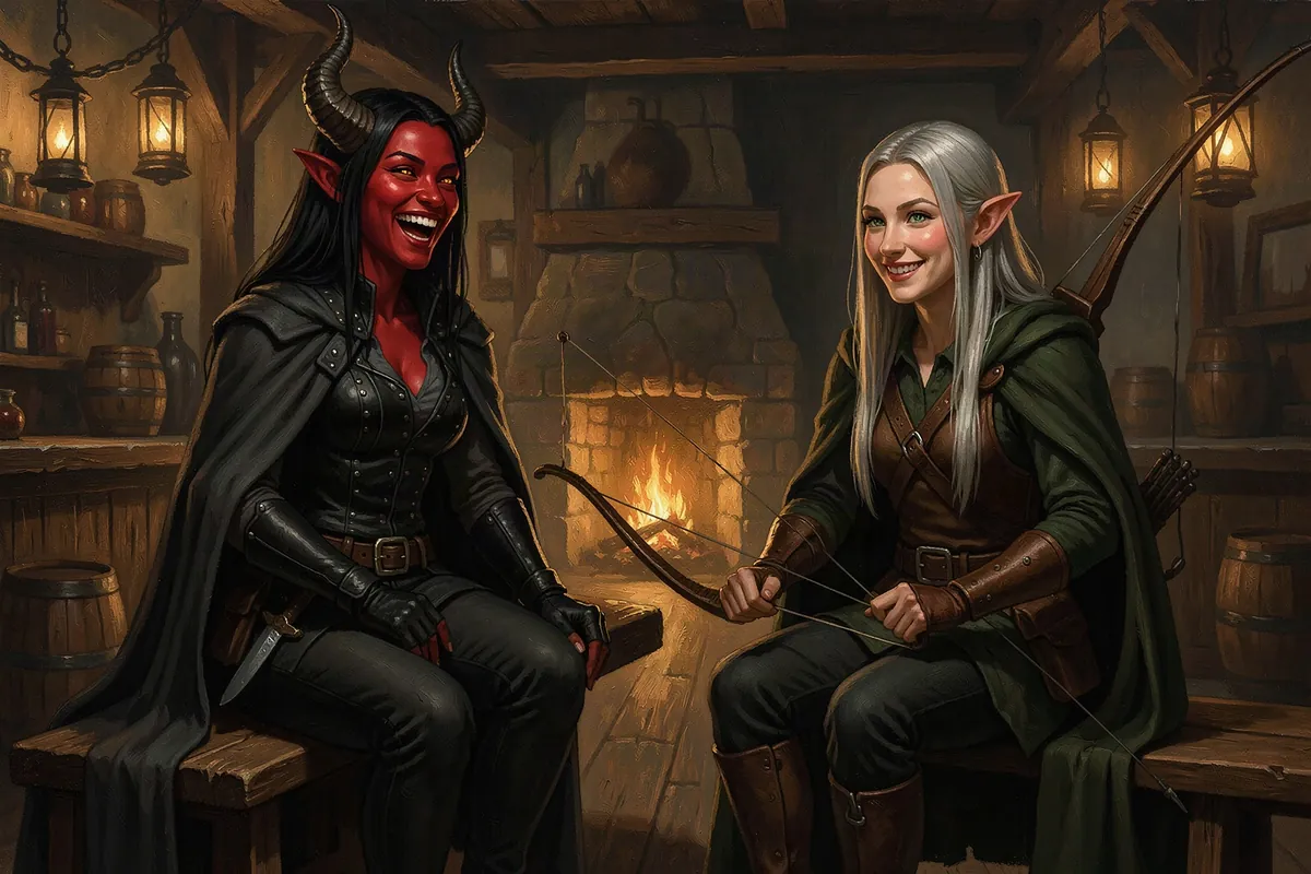 Kethra, a red-skinned tiefling, laughs while Sylvaine, an elf ranger, restrings her bow in the Hollow Lantern's taproom at night
