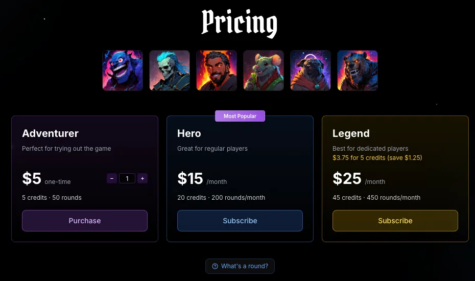Old Greg's Tavern pricing page showing the Adventurer, Hero and Legend options with credits and rounds