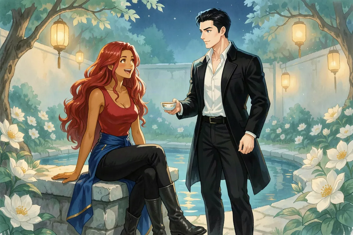 Kael brings Ines a cup of tea by the reflecting pool in Solenne's moon garden at night