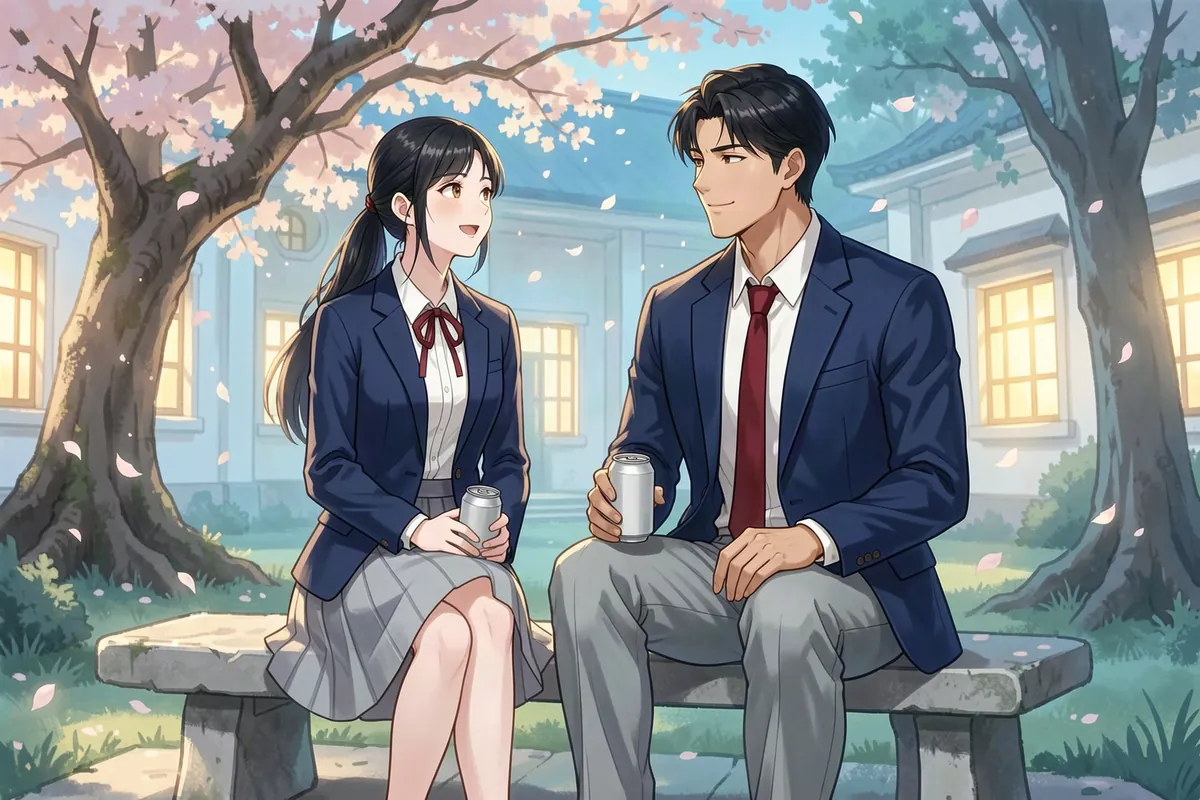Haruka and Jin share canned drinks on a stone bench under a blooming cherry tree at the Hoshimori academy at dusk