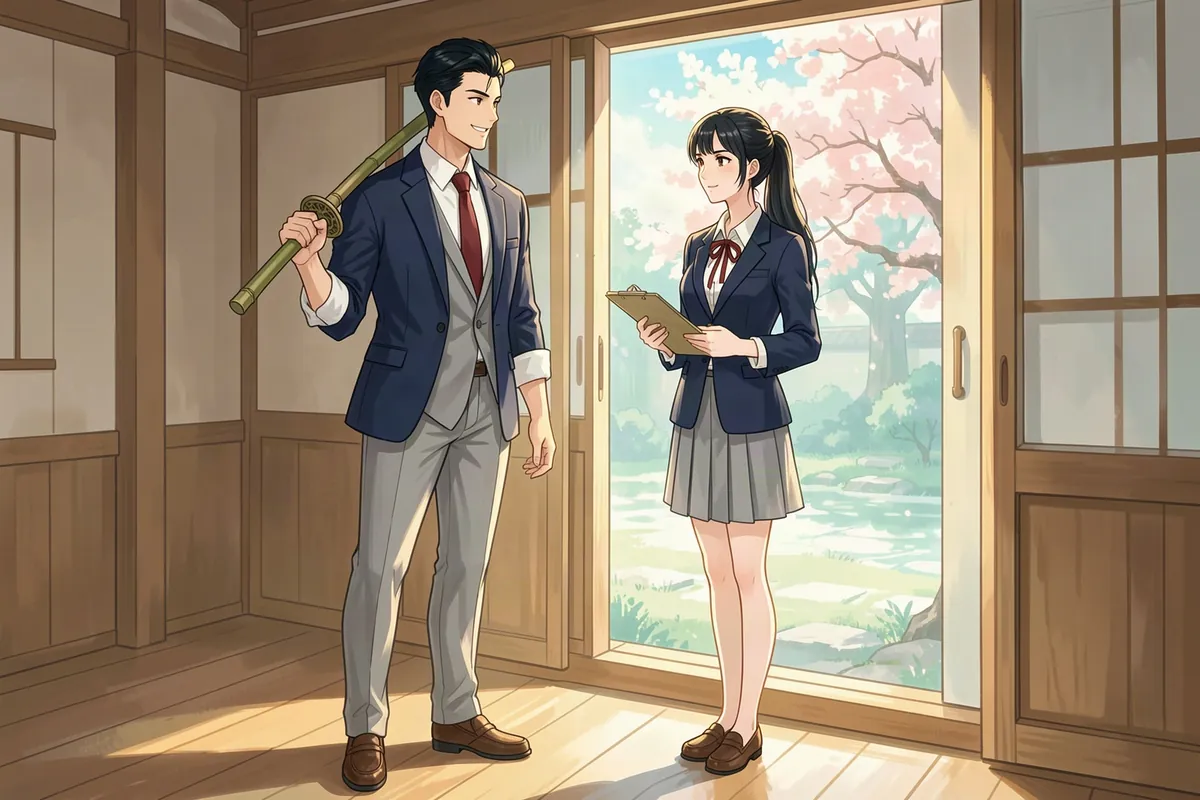 Jin rests a bamboo practice sword on his shoulder in the Hoshimori kendo hall while Haruka holds a clipboard at the door