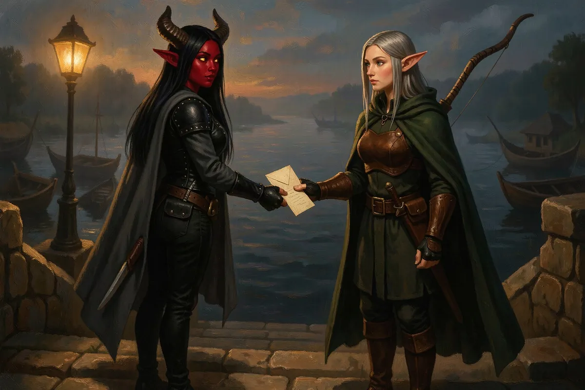 Kethra hands Sylvaine a sealed letter on the river stairs at dusk