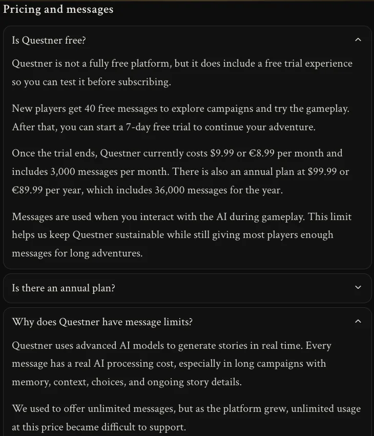 Questner's FAQ answering whether Questner is free and why it has message limits