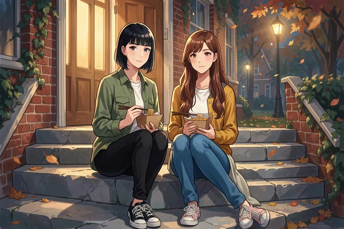 June Park and Nora Bennett share takeout noodles on the front steps of their Hartwell residence hall on an autumn night