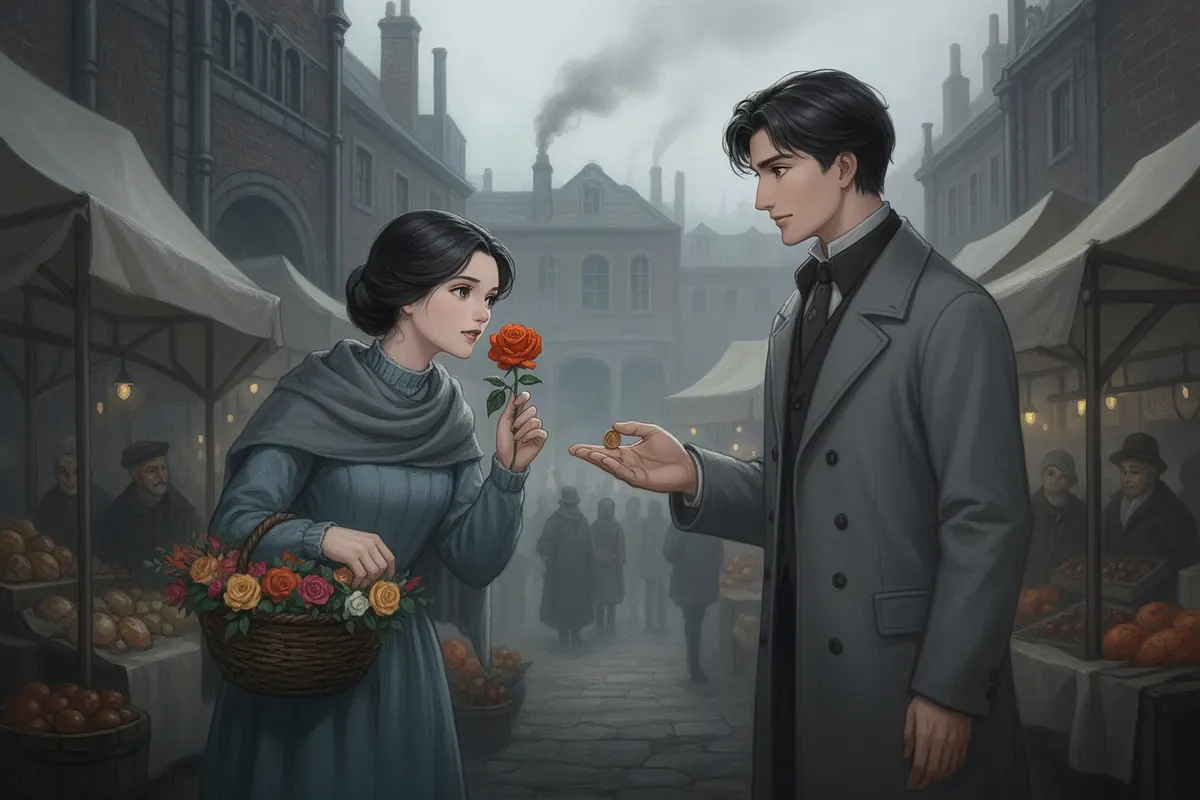 A flower seller whispers a secret to a newcomer holding out a penny — idea 86 in Bellsworth