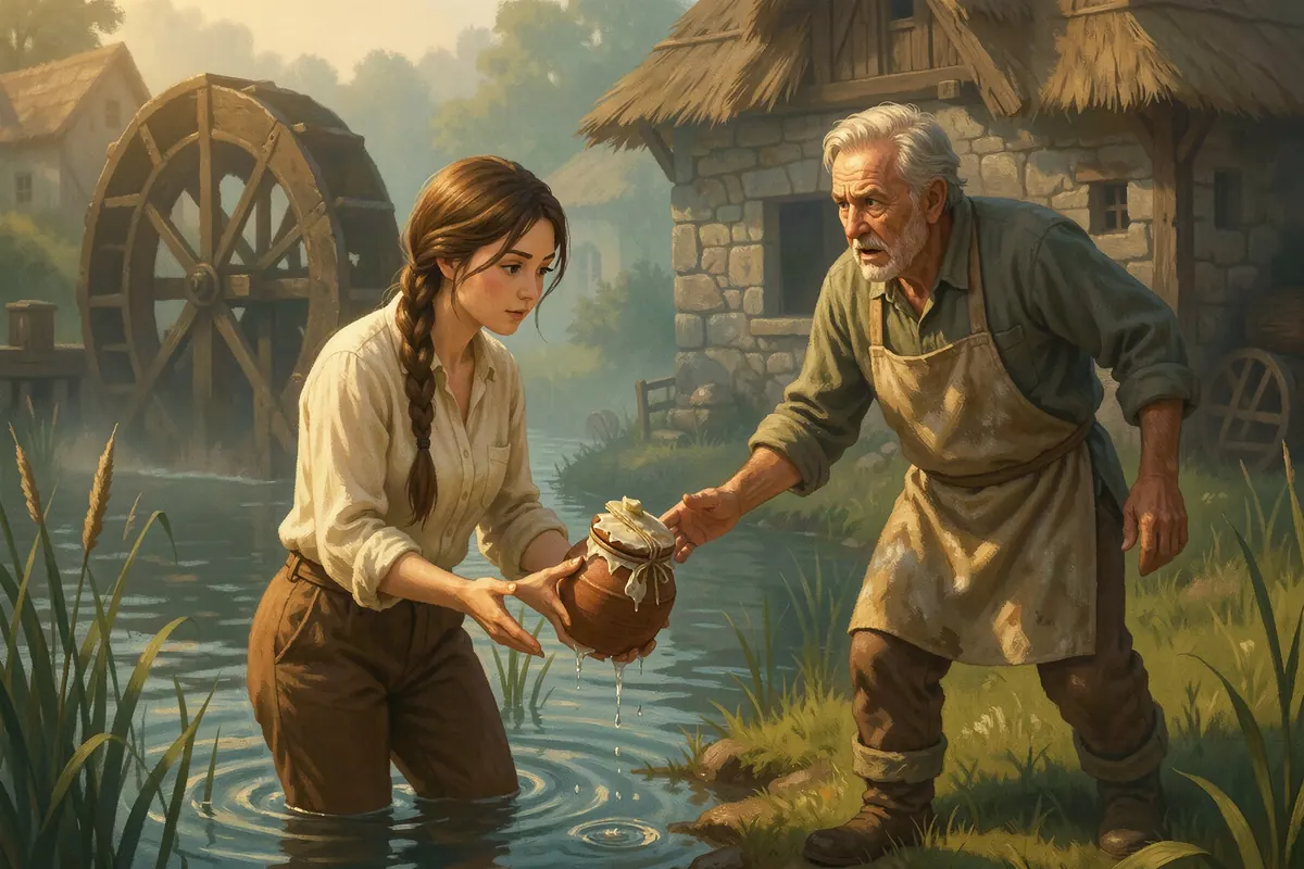 A newcomer lifts a sealed jar out of the mill pond as the miller reaches for it, in Emberhollow