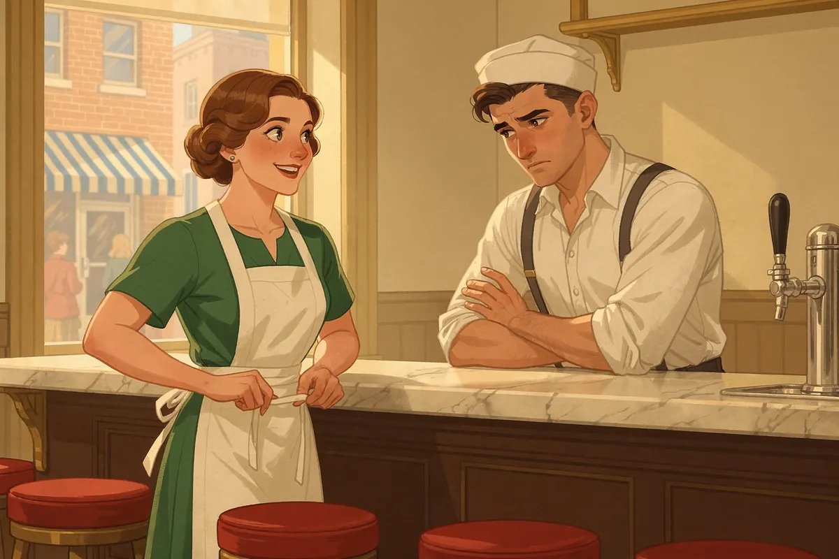 A newcomer ties on her apron at the soda fountain while the owner's nephew sulks — idea 91 in Halcyon