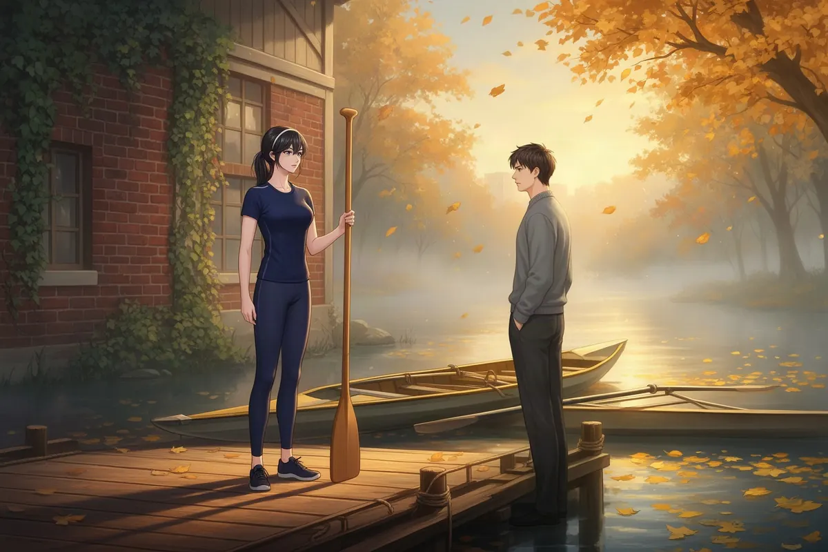 The rowing captain recruits a reluctant newcomer at the boathouse dock — idea 61 in Hartwell