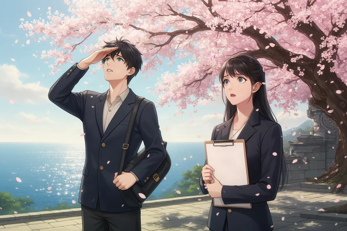 A transfer student looks up at the cherry tree blooming early while the council president stares — idea 62 in Hoshimori