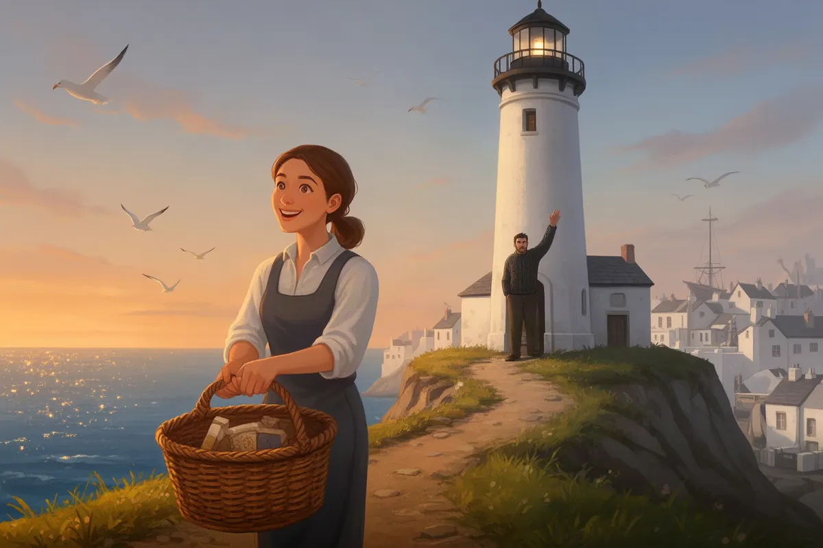 A newcomer carries supplies up to the lighthouse while the keeper waves — idea 110 in Saltwick