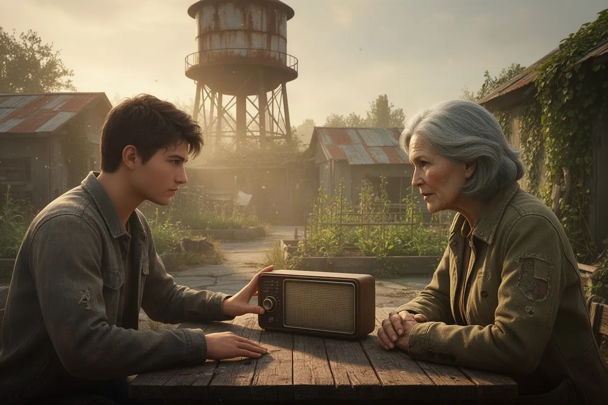 A newcomer sets a working radio on the table for the council elder — idea 102 in Solace