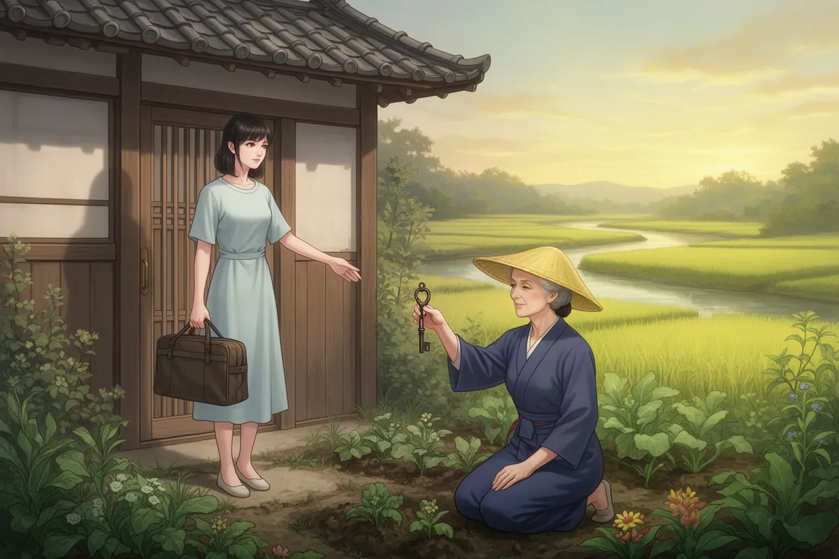 A kneeling neighbor holds out the old house key to the newcomer — idea 70 in Tsukimi