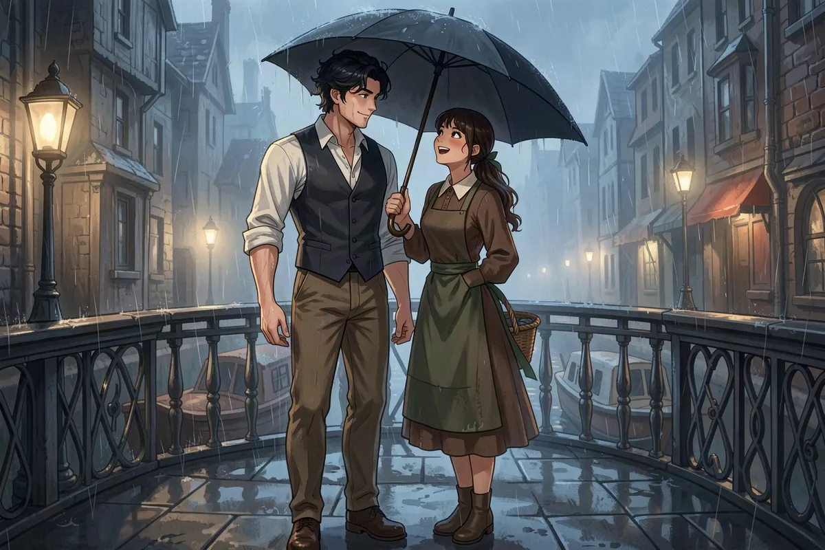 Rosa Finch holds one black umbrella over herself and Ned Rooke, the canal boatman, on a rainy Bellsworth footbridge, laughing up at him