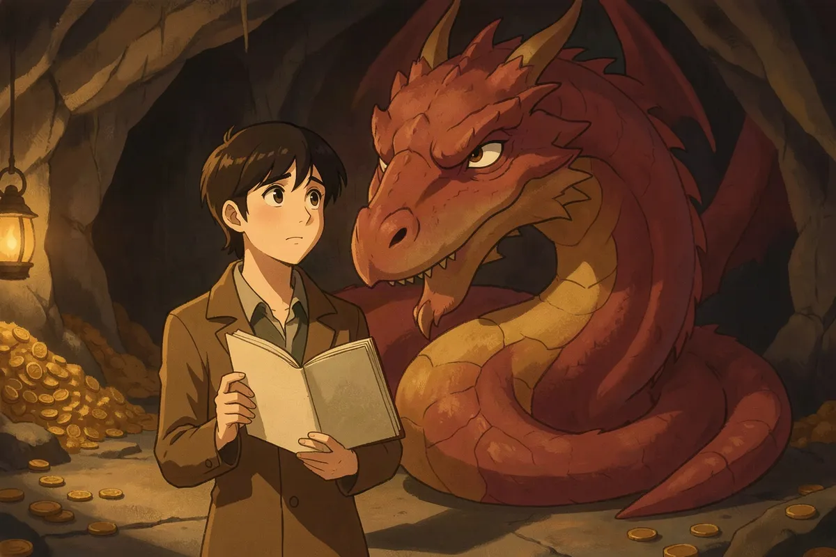 A clerk with a ledger in a nearly empty dragon's hoard, an old red dragon behind him