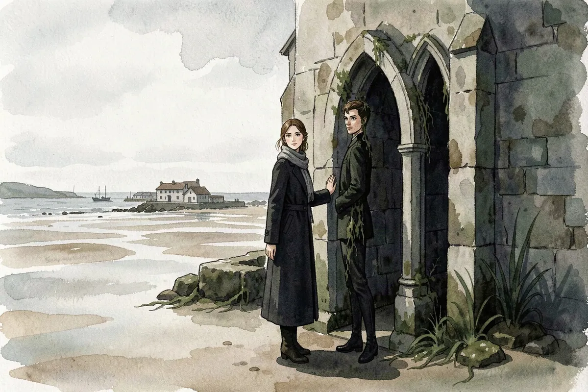A woman in a dark coat at the doorway of a drowned stone church on the wet sand at low tide, a seaweed-draped man waiting inside the arch