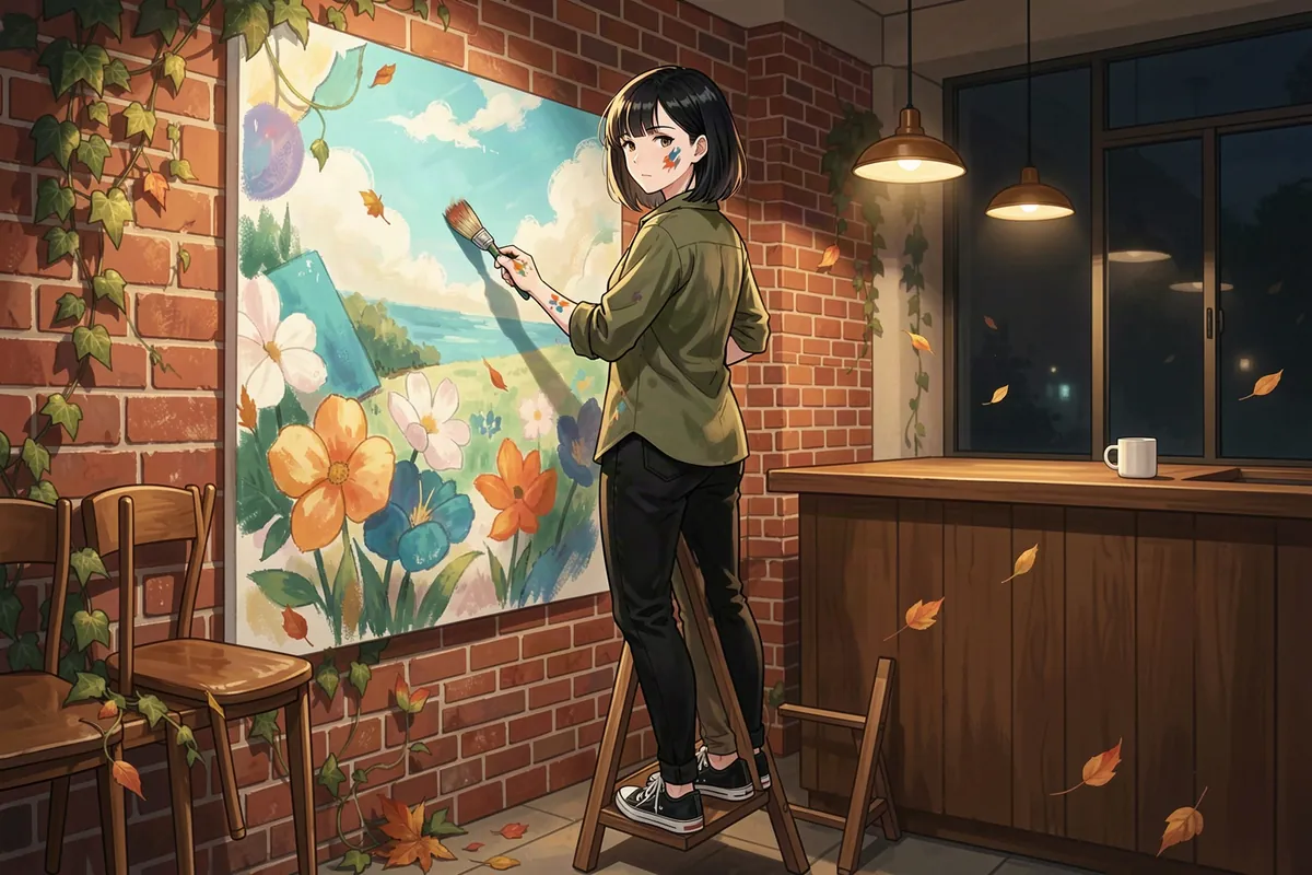 June, a painting major, glances back over her shoulder from a stepladder while painting a flower mural in a closed campus coffee shop at night in Hartwell