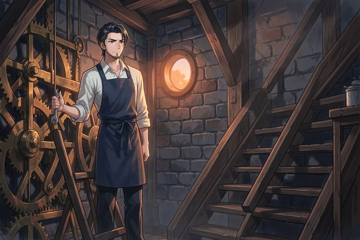 Albert Frost, the clockmaker, stands by the brass gears inside the Bellsworth clock tower with a wrench, frowning toward the stairs