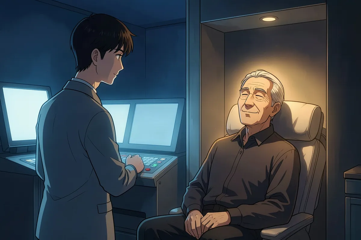 A technician at a glowing console watches an old man smiling with his eyes closed in a softly lit memory booth