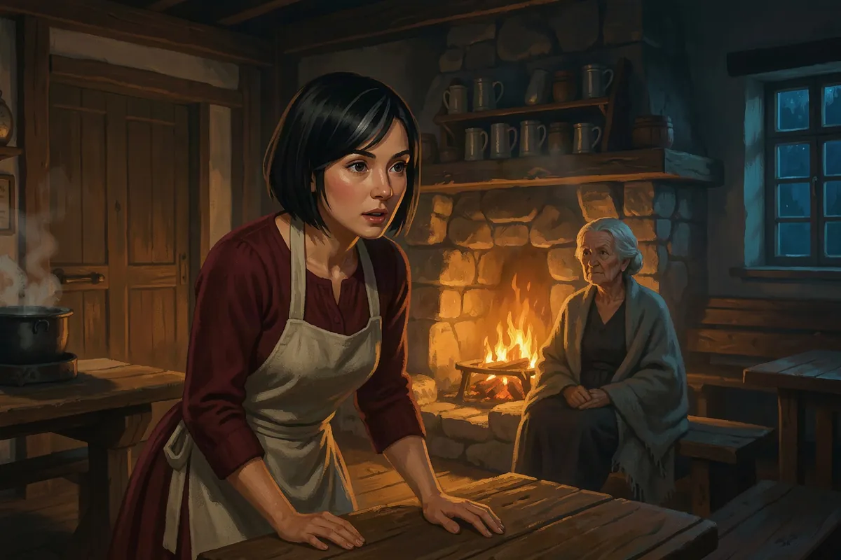 An innkeeper leans over a firelit bar while an old woman sits by the hearth