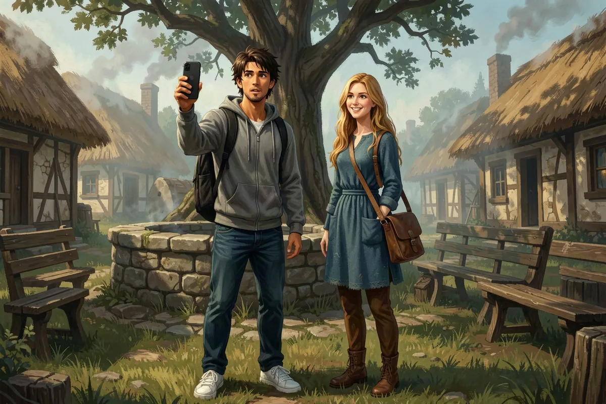 A young man in a gray hoodie and sneakers holds up his phone on the Emberhollow village green while Wren Fenn, the letter-carrier, smiles at his strange clothes