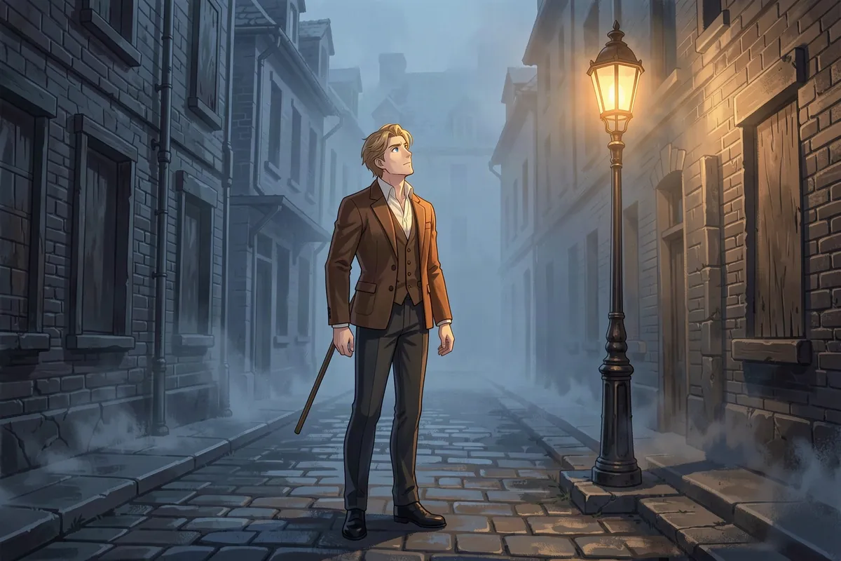 Tom Frost, the lamplighter, stands in a foggy Bellsworth street of boarded-up windows and looks up at the only gas lamp burning