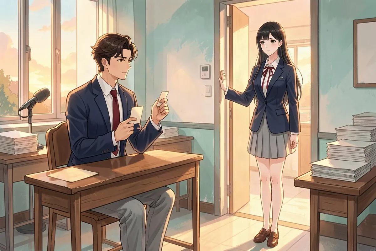 Kota, the school paper's editor, holds up a small note at his desk as Reika, the student council president, watches from the club room doorway in Hoshimori