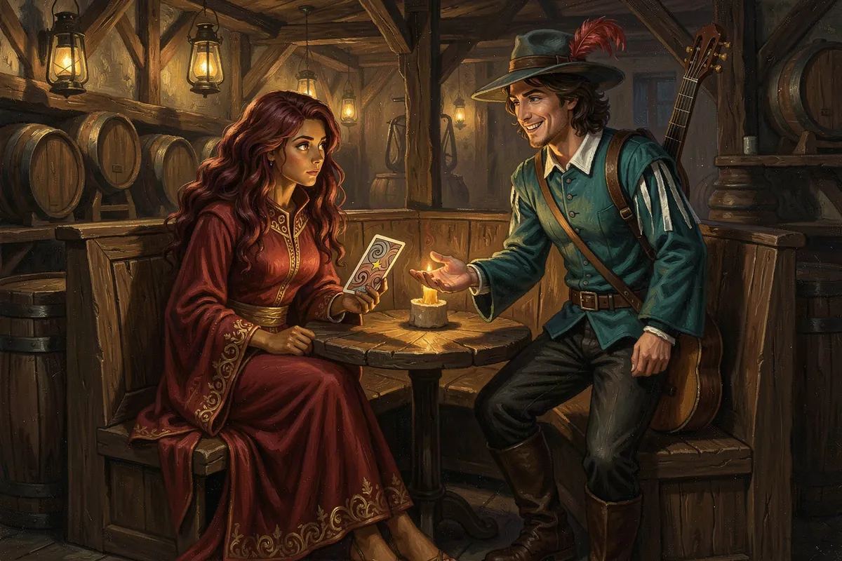 Seraphine, a fortune-teller in a crimson robe, holds up a card in a candlelit corner booth of The Hollow Lantern while Finch the bard holds out his palm to be read