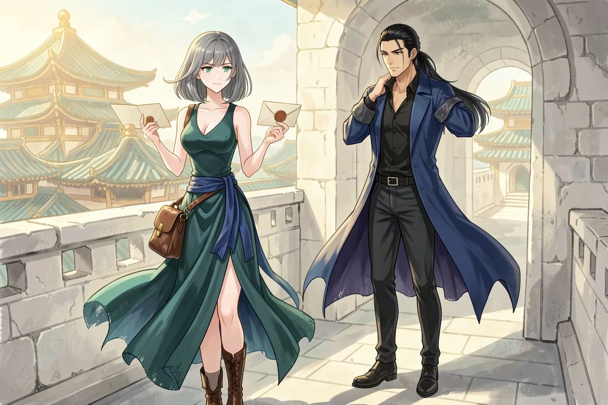 Cassia, a wind mage, studies two letters on the wall walk above Solenne's palace roofs while Dorian watches from an archway