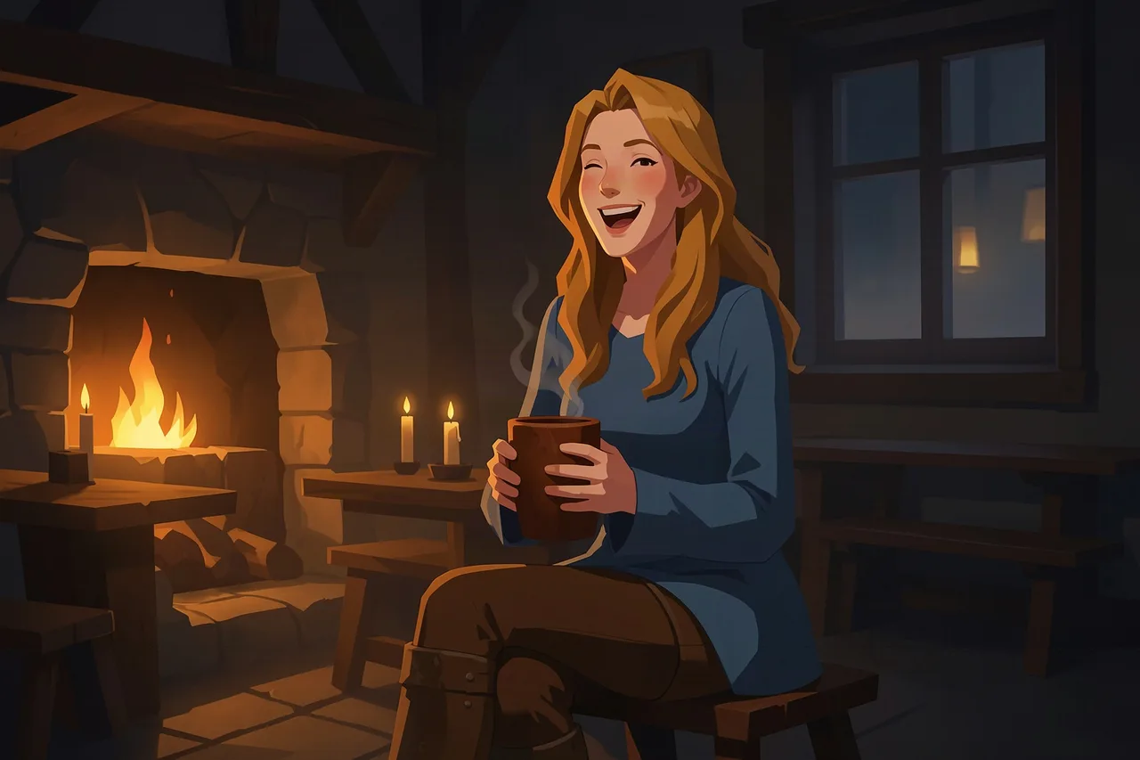 Mythx scene art: the same character laughing over a steaming mug by the inn hearth at night