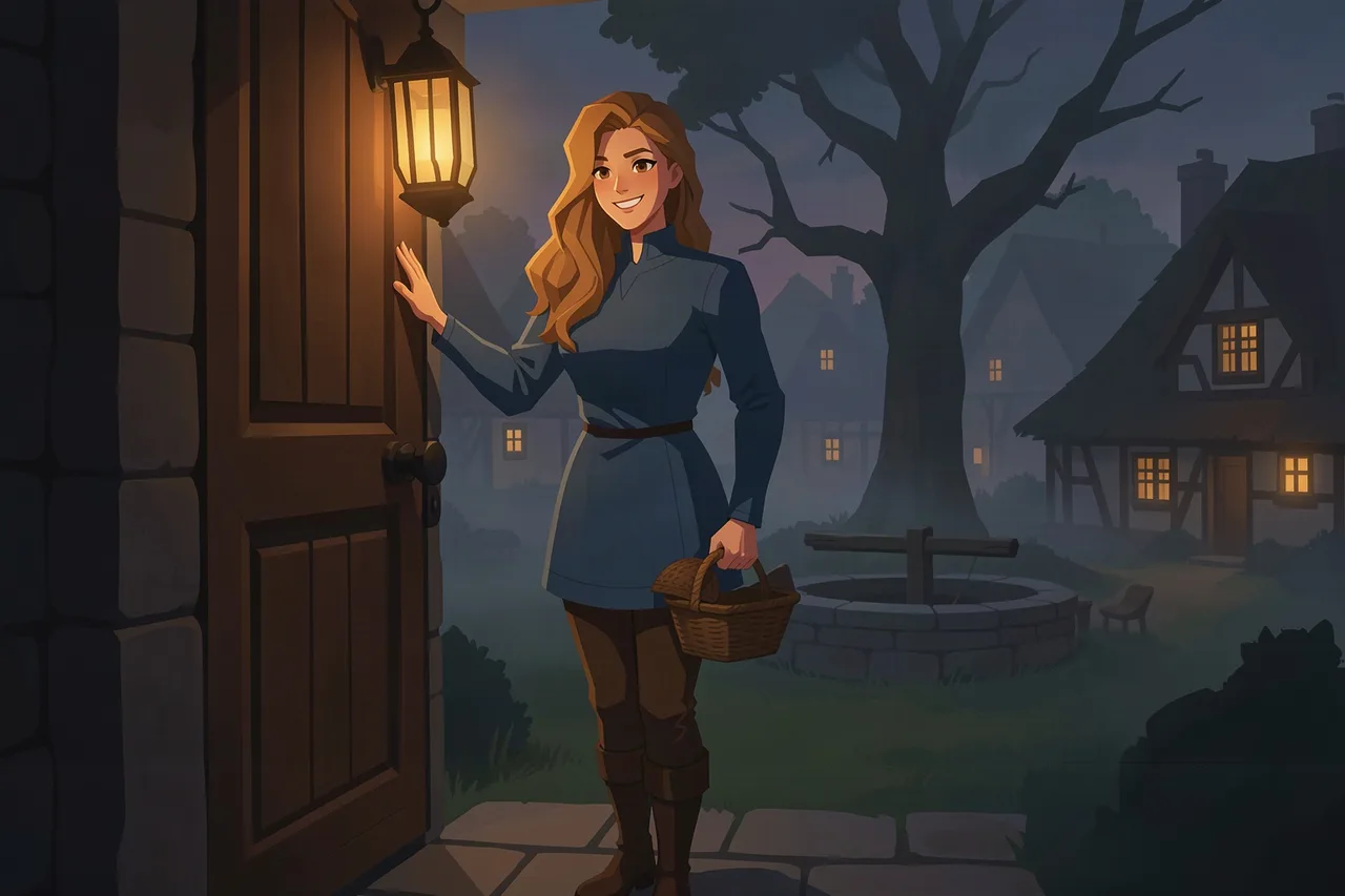Mythx scene art: the same character knocking at the player's cottage door at dusk