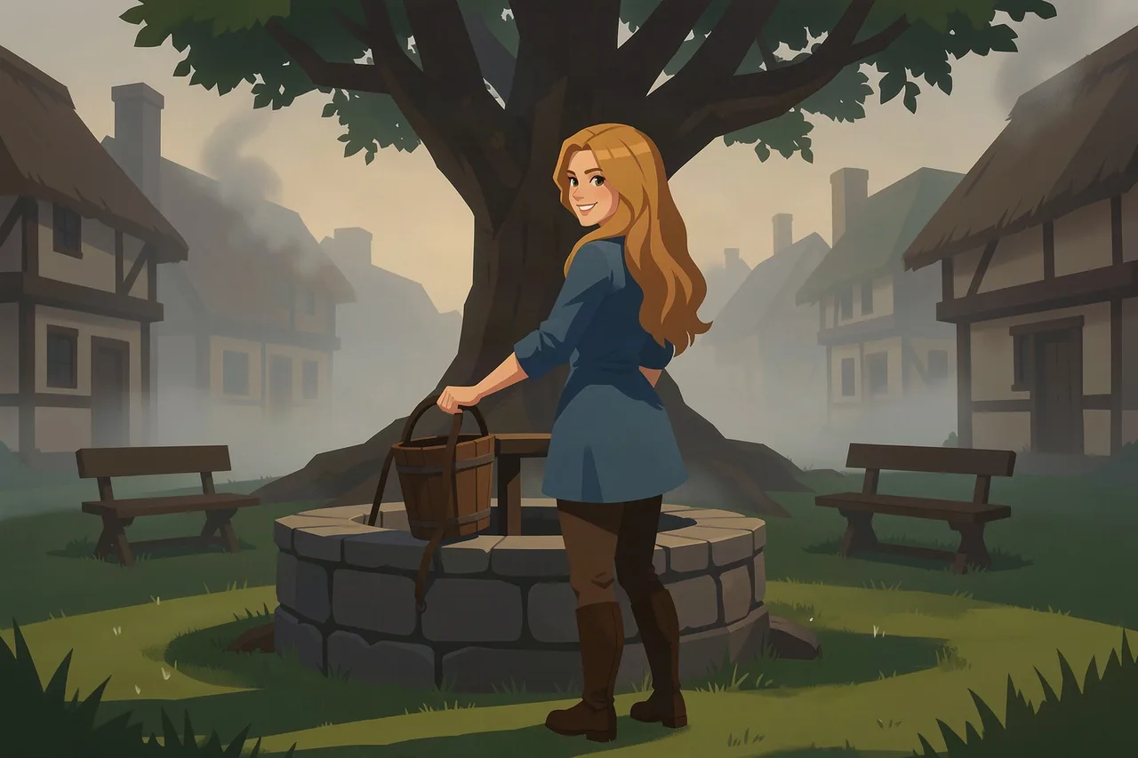 Mythx scene art: the same town character drawing water at the village well in morning light