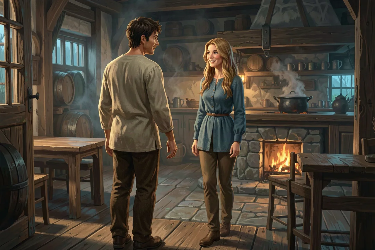 Rowan and Wren inside the Sleeping Hart inn by the hearth, a Mythx AI roleplay scene