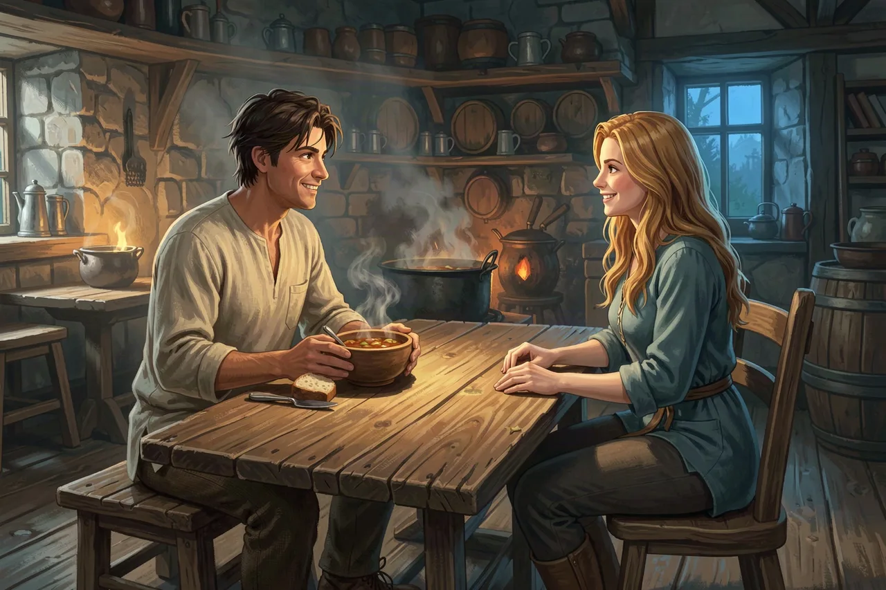 Rowan eating a bowl of stew at a table in the Sleeping Hart while Wren leans in, a Mythx AI roleplay scene