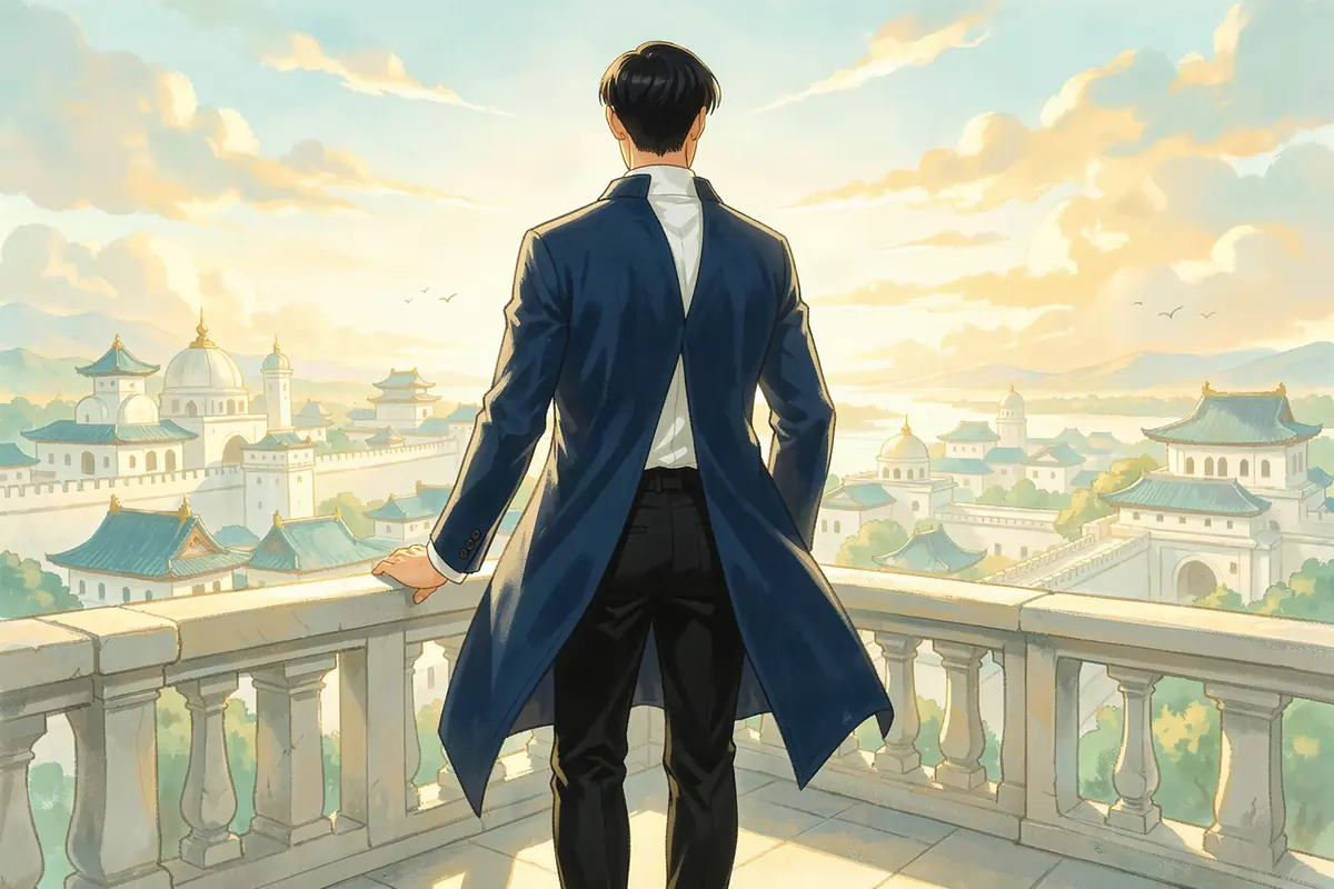 Cassian, a newcomer at the Imperial Academy, looks out over the imperial capital of Solenne at dawn, an isekai AI game scene from Mythx