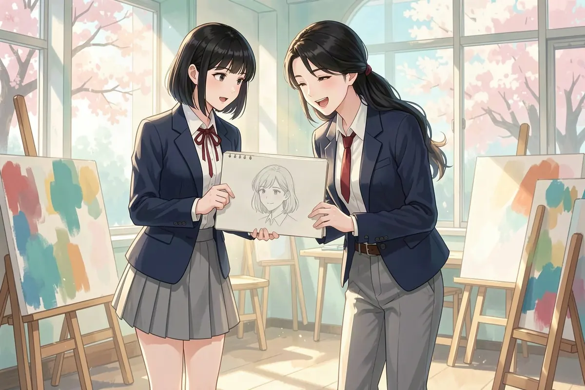 Chiaki Masuda of the art club shows Hina the sketch she drew of her at Hoshimori academy, an isekai roleplay scene from Mythx