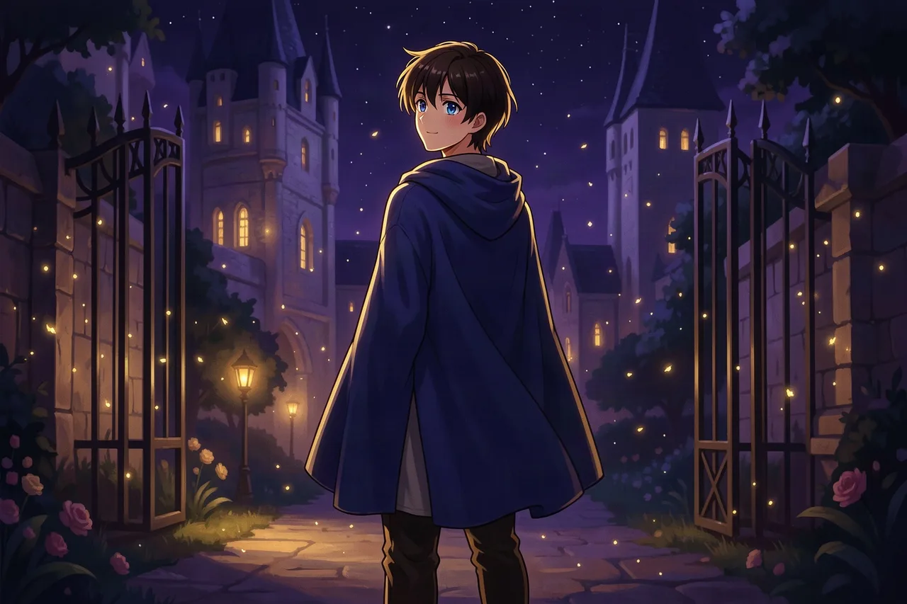 Isekai AI game scene: the transported protagonist in a cloak standing at the gates of a magic academy at night