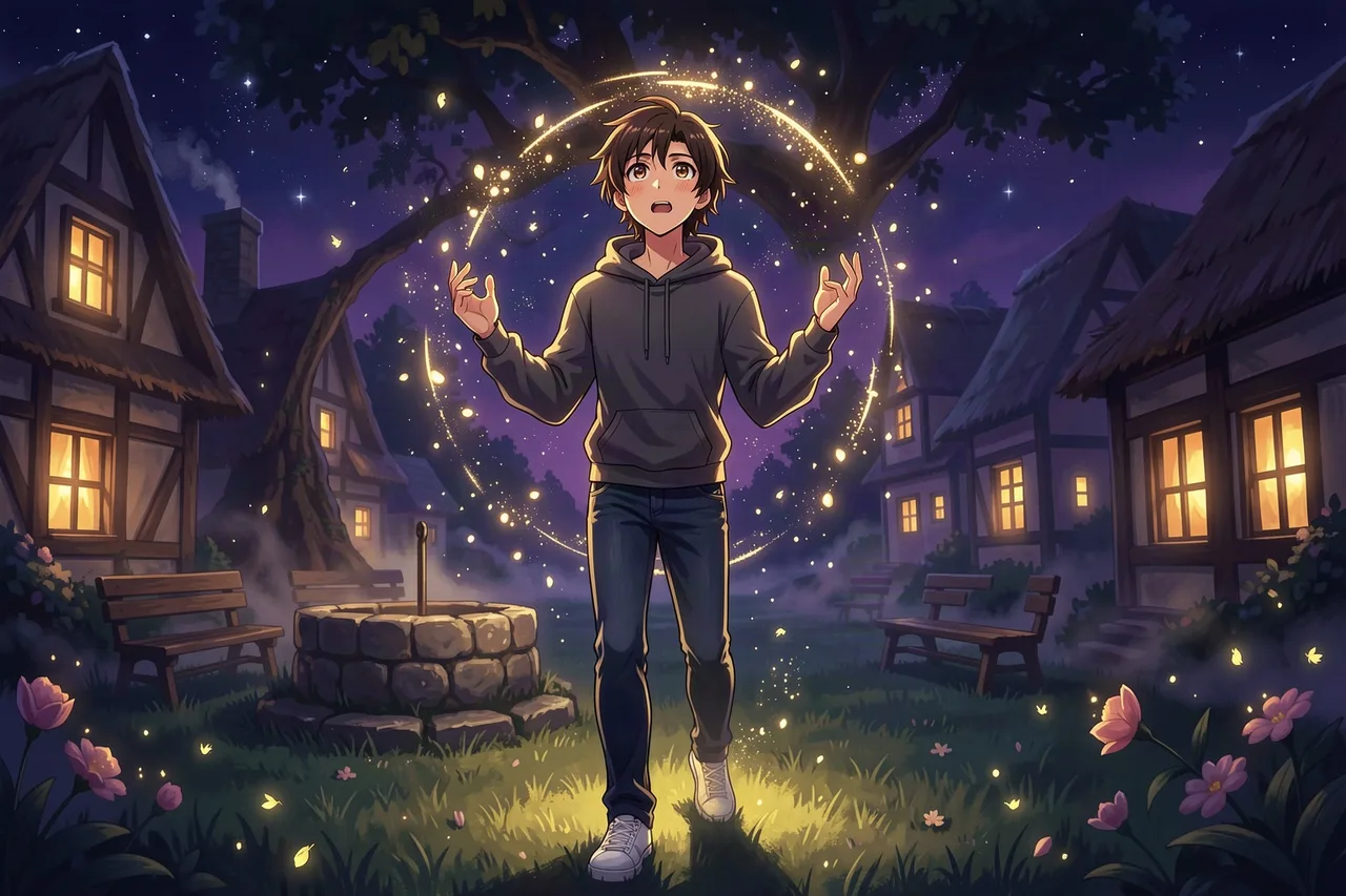 Isekai AI game scene: a young man in modern clothes arriving on a fantasy village green at night through a fading golden summoning ring