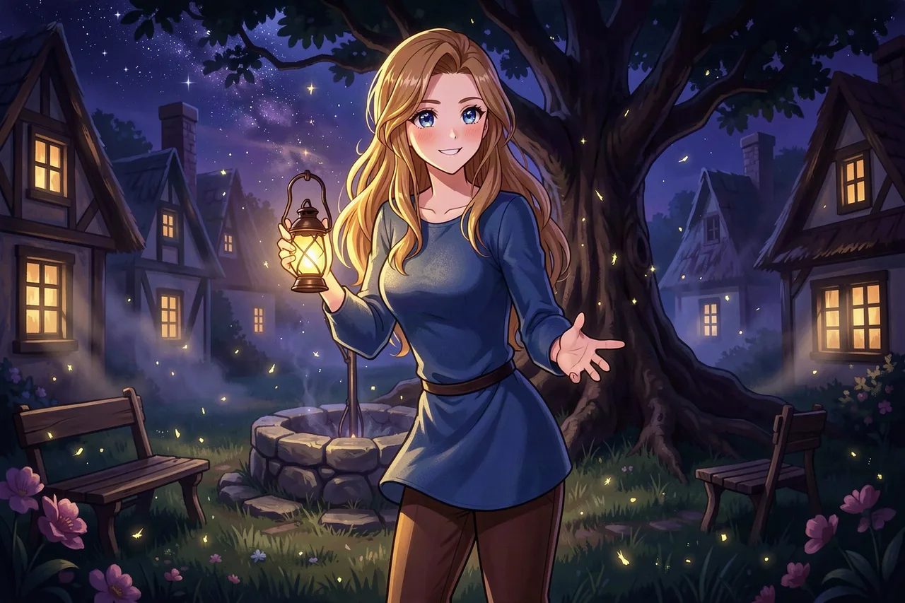 Isekai AI roleplay scene: a village woman holding up a lantern to welcome the newly arrived player at night