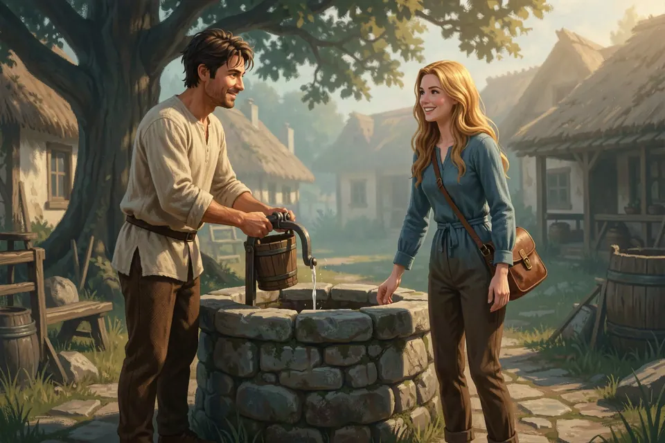 Third-person camera: the hero and Wren at the village well in Mythx