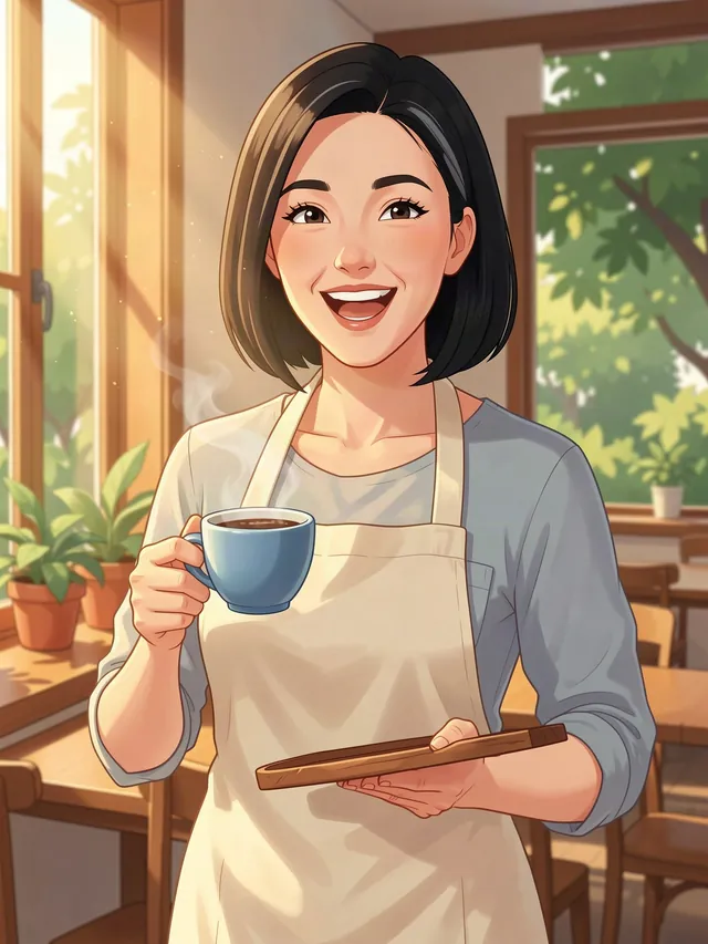 June Tanaka, owns the bluebird café — an AI roleplay character from the Willowbrook world of Mythx